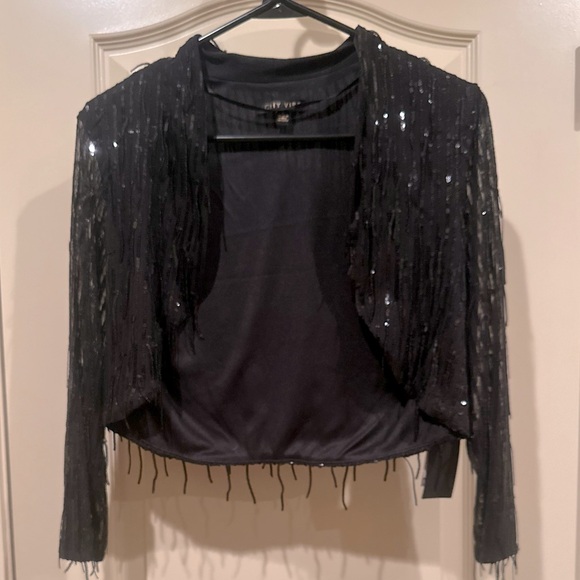 STUNNING Black Bolero Jacket (sequins & fringe) Long See-thru Sleeve LARGE - Picture 12 of 12
